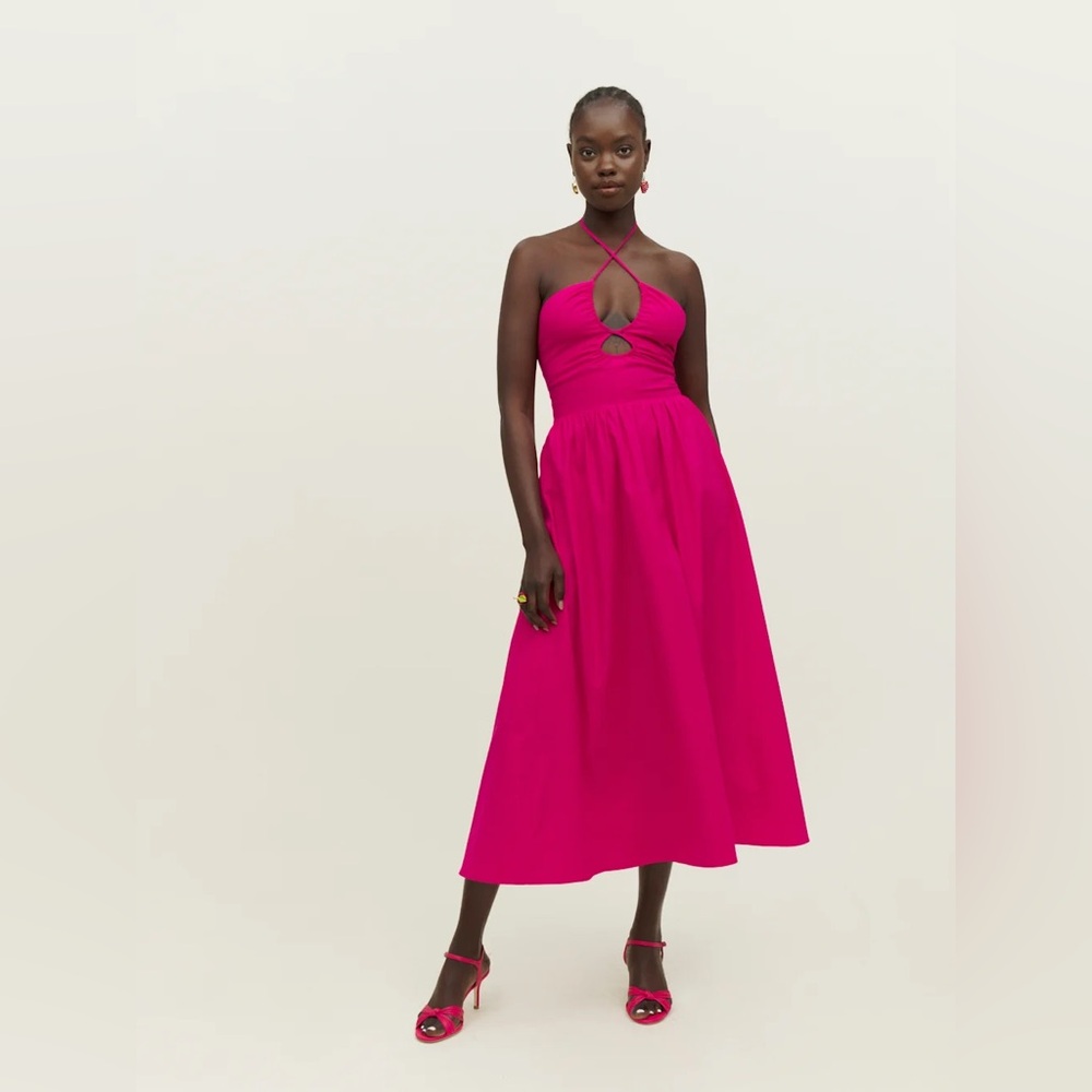 Reformation Stassie Halter Cutout Sleeveless Poplin Midi Dress Corvette Pink 12